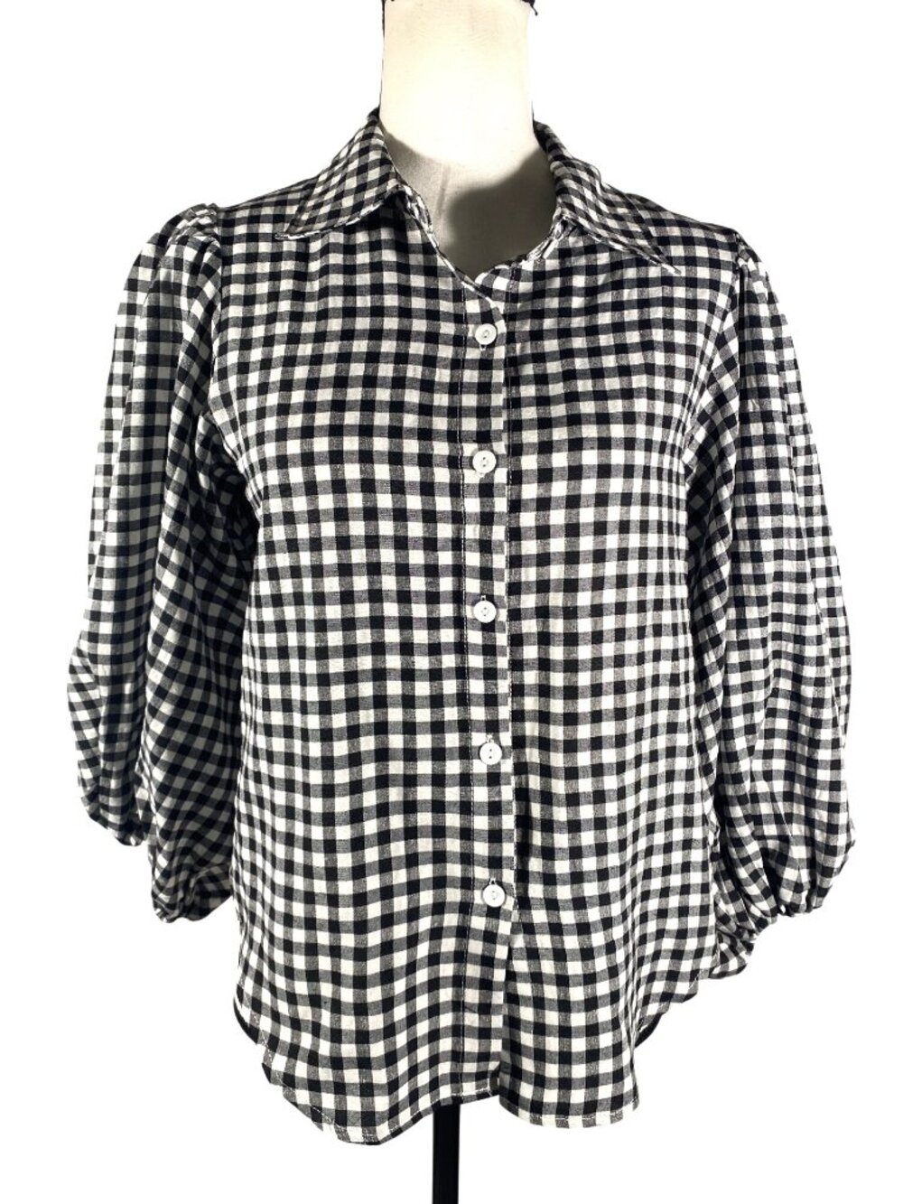 Black & White Gingham Puff Sleeve Button-Up Blouse Lightweight S